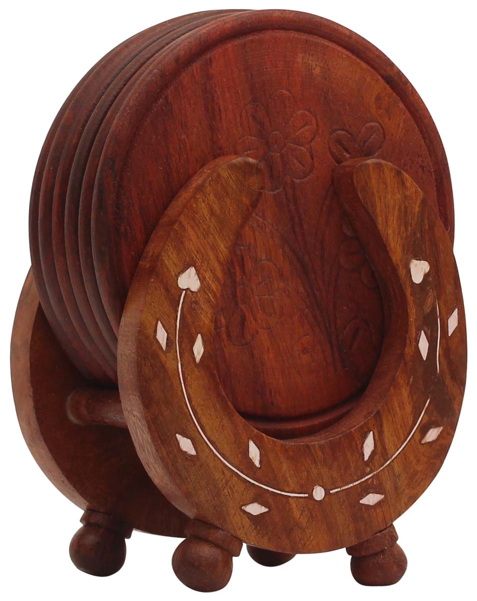 Bulk Wholesale Handmade Wooden Coasters Set - 6 Round Table Drink Coasters Hand Carved Floral Motif & Horseshoe Shaped Holder With Acrylic Inlay - Decorative Table Top/Bar Accessories
