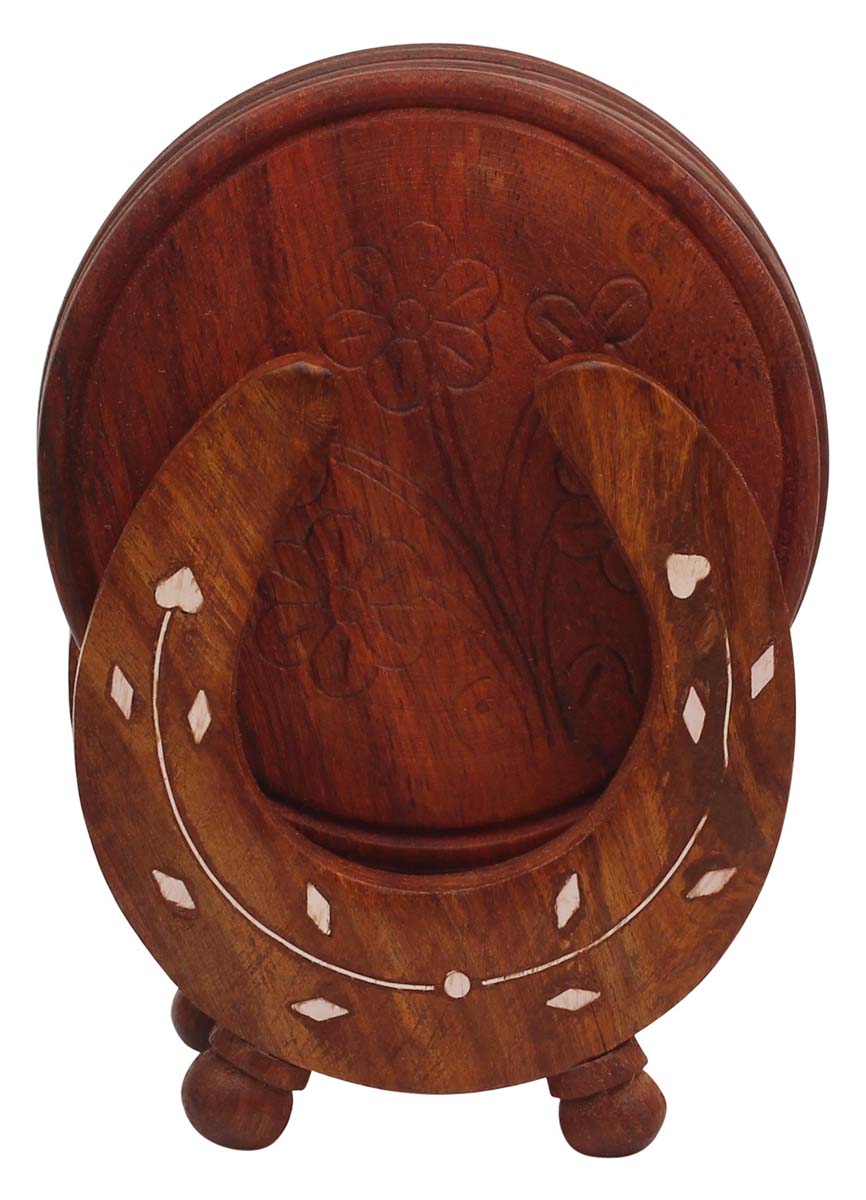 Bulk Wholesale Handmade Wooden Coasters Set - 6 Round Table Drink Coasters Hand Carved Floral Motif & Horseshoe Shaped Holder With Acrylic Inlay - Decorative Table Top/Bar Accessories
