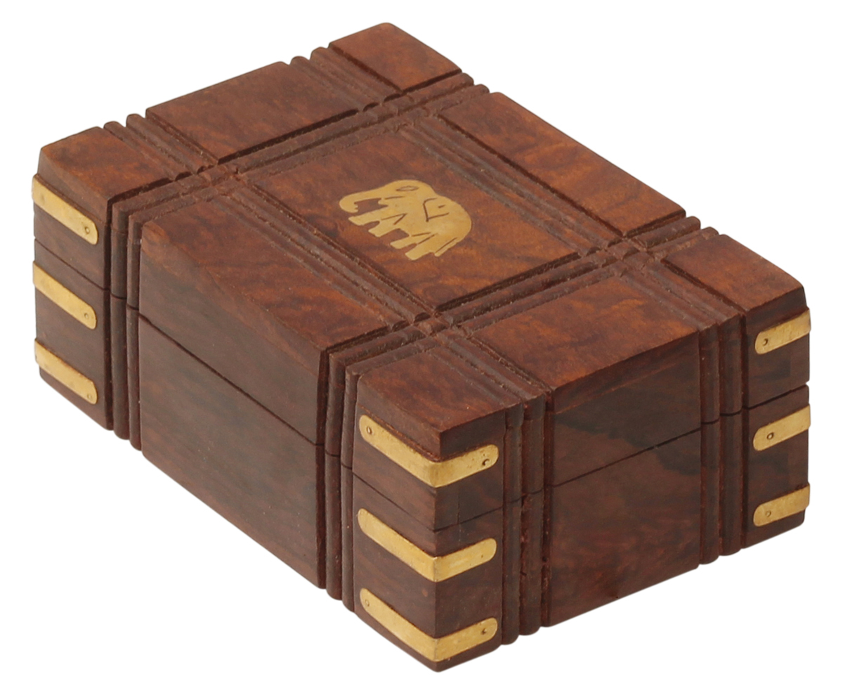 2.3” Jewelry-Box in Wood with Elephant Motif Brass Inlay - Hand-Crafted Keepsake Boxes from India - Buy in Bulk Wholesale