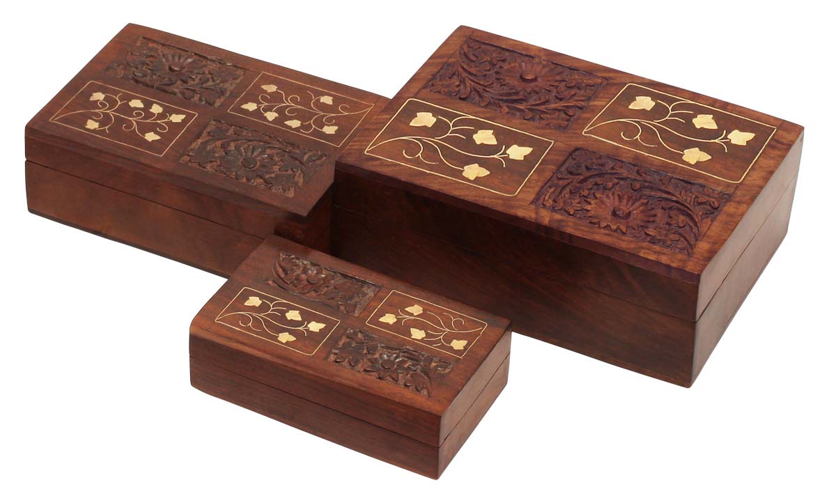 Wholesale Set of 3 Wooden Jewelry Boxes - Bulk Buy Hand Carved Wood Keepsake Box/Trinket Box with Brass Inlay Work - Antique-Look Storage Boxes from India