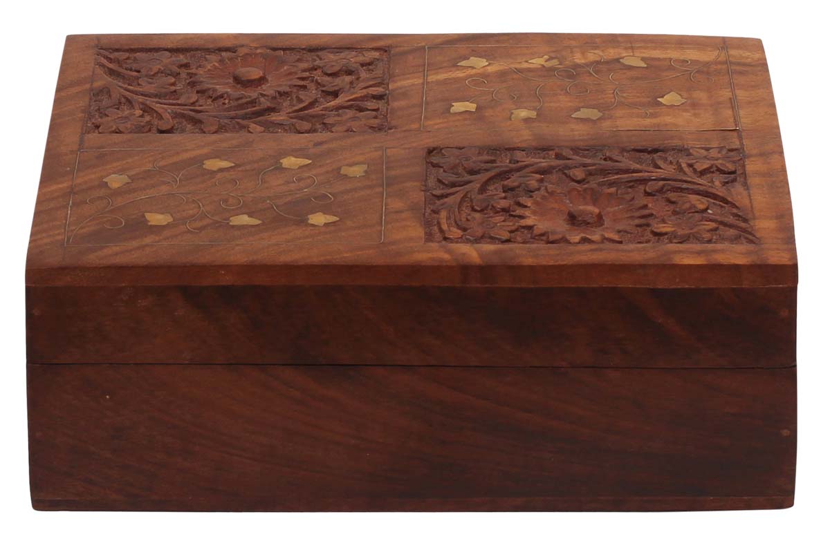 Wholesale Set of 3 Wooden Jewelry Boxes - Bulk Buy Hand Carved Wood Keepsake Box/Trinket Box with Brass Inlay Work - Antique-Look Storage Boxes from India