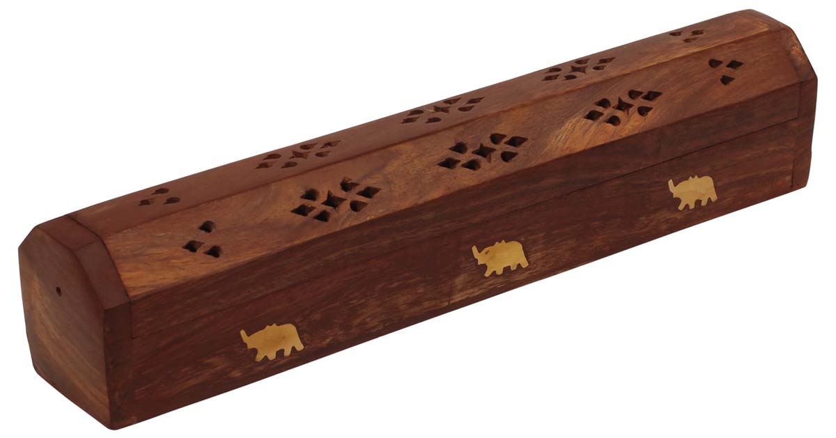 Bulk Wholesale Hand-Carved Long Incense Burner Box in Wood – Holder for Stick & Cone Incenses – Art-Piece with Lattice-Work Carving & Brass Inlay from India
