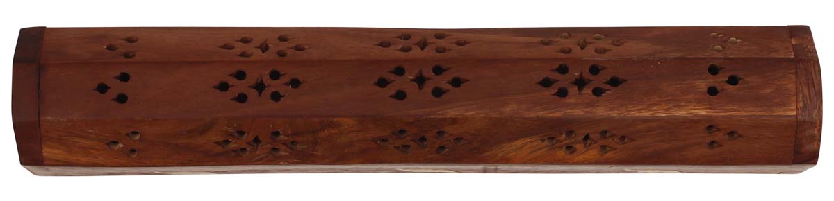 Bulk Wholesale Hand-Carved Long Incense Burner Box in Wood – Holder for Stick & Cone Incenses – Art-Piece with Lattice-Work Carving & Brass Inlay from India