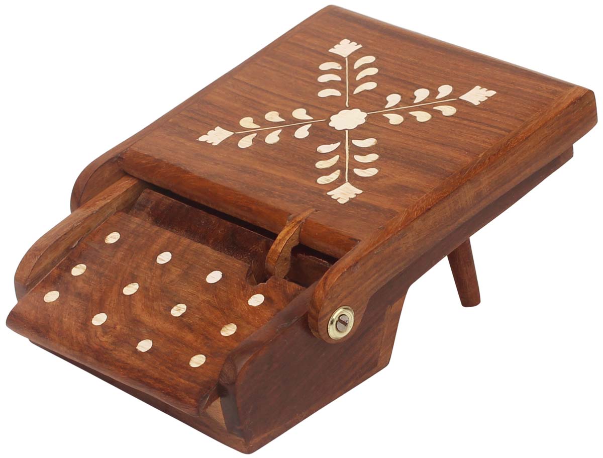Bulk Wholesale Hand-Carved Cigarette Stand / Holder / Box in Mango-Wood with Acrylic Inlay Work in Traditional-Look Motifs – Antique-Look Home / Décor / Utility Item from India – Gift for Smokers