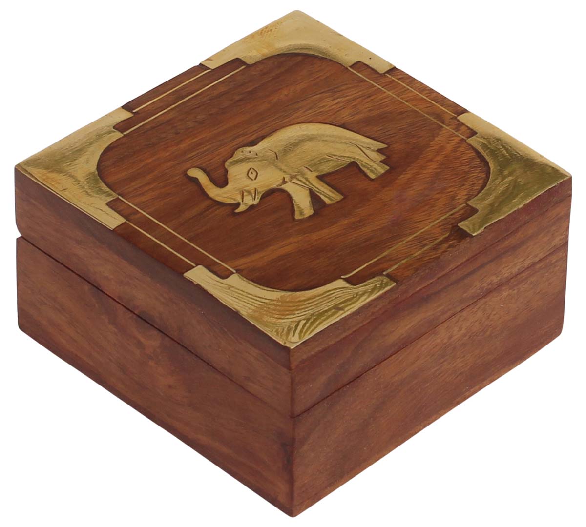 Wholesale 4” Wooden Square Jewelry Box in Wood - Bulk Buy Handmade Vintage Look Trinket Box Decorated with Elephant Motif Using Brass Inlay On Lid - Thoughtful Gifts & Keepsake Boxes from India