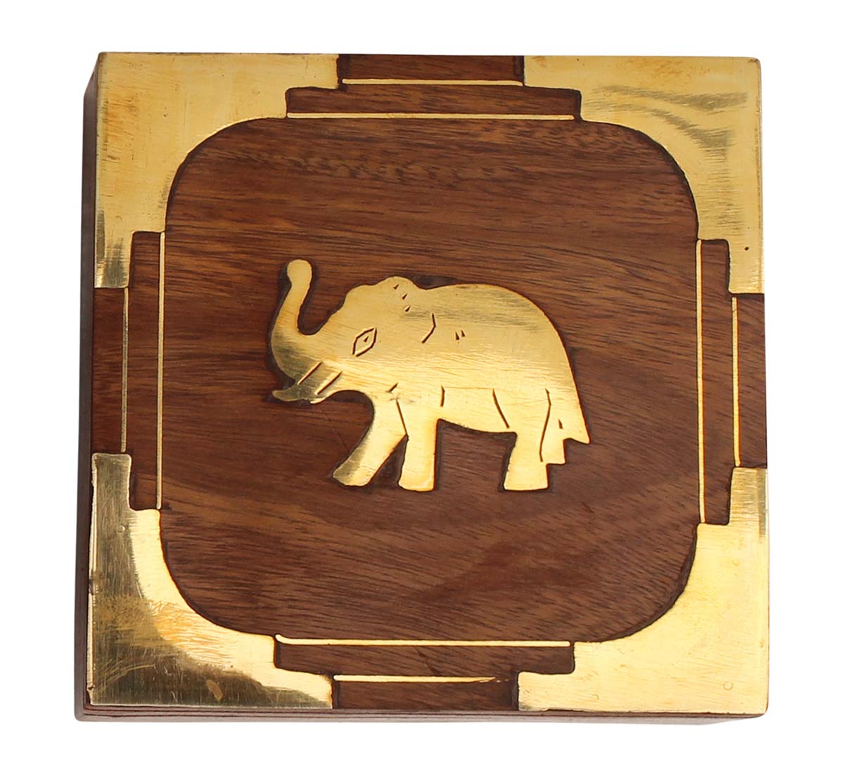 Wholesale 4” Wooden Square Jewelry Box in Wood - Bulk Buy Handmade Vintage Look Trinket Box Decorated with Elephant Motif Using Brass Inlay On Lid - Thoughtful Gifts & Keepsake Boxes from India