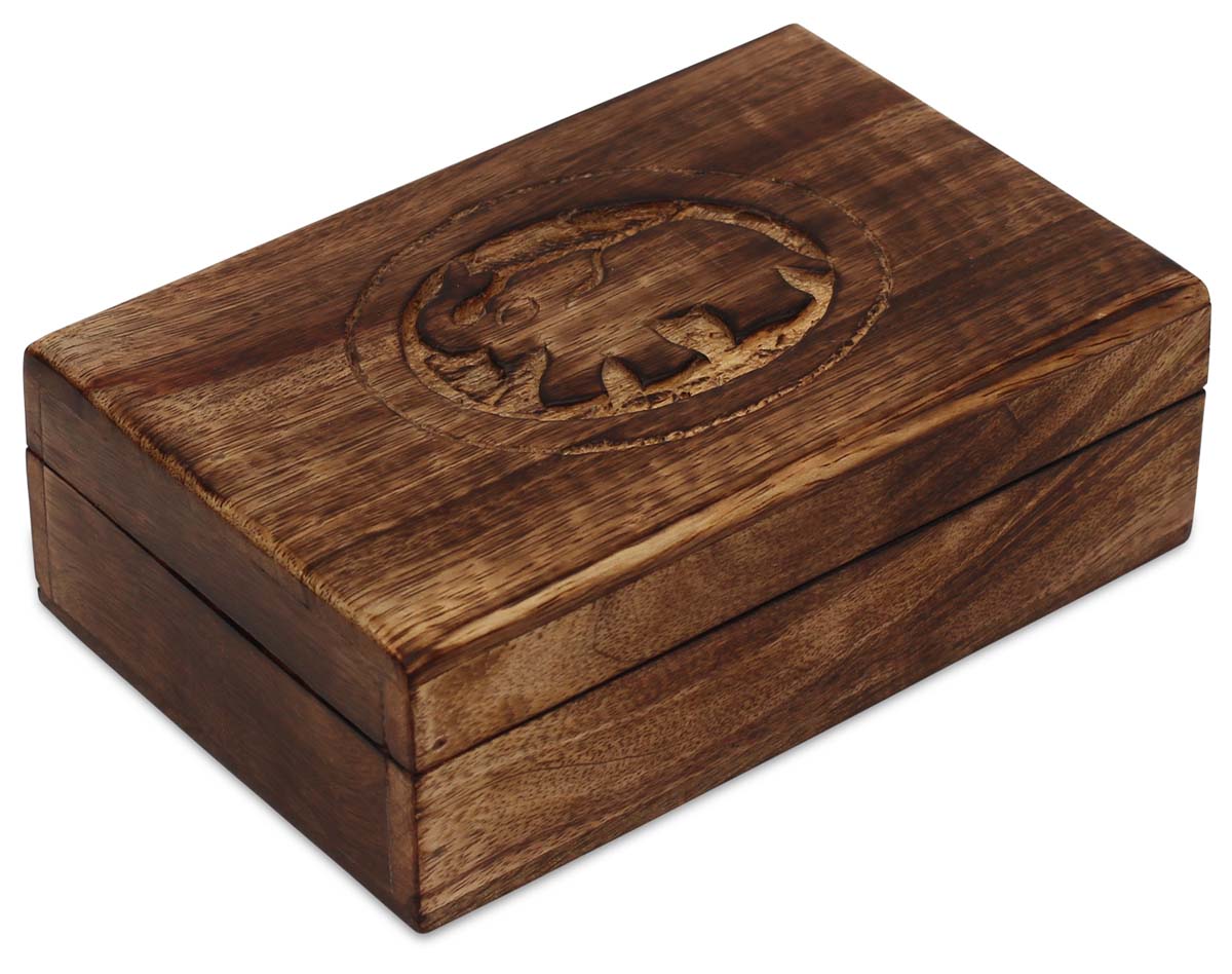 Wholesale Wood 6” Elephant Motif Jewelry Box in Bulk - Handmade Rectangular Jewelry/Keepsake Box with Elephant Carving on the Cover - Antique-Look Accessory Holders/Boxes from India