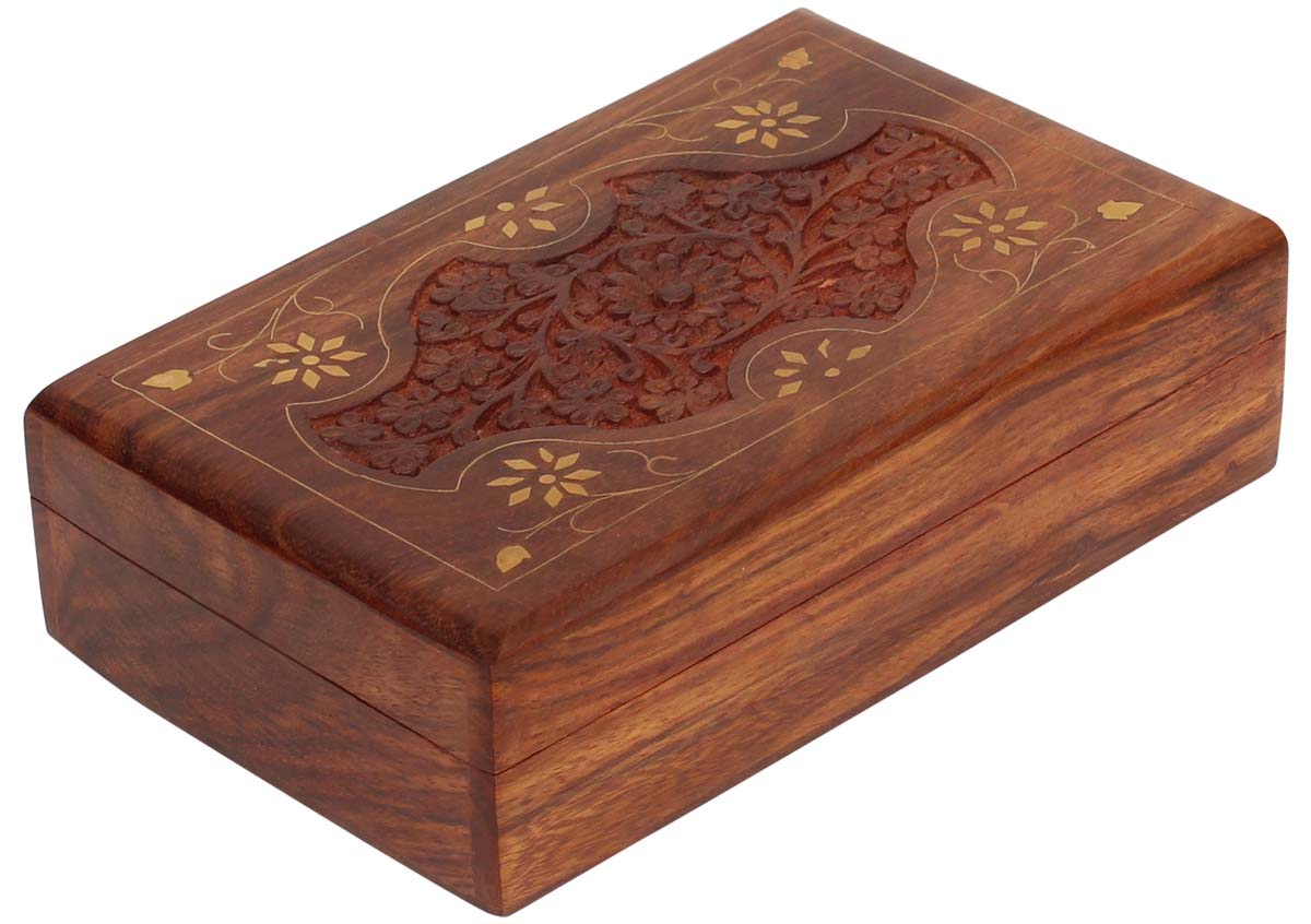 Wholesale 8 x 5” Wooden Jewelry Box in Bulk - Hand Carved Rectangular Wood Jewelry Box/Trinket Box/Keepsake Box with Floral Motif Carving and Brass Inlay - Antique-Look Accessory Holders/Boxes from India