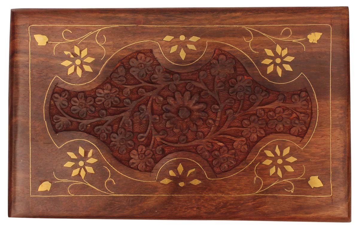 Wholesale 8 x 5” Wooden Jewelry Box in Bulk - Hand Carved Rectangular Wood Jewelry Box/Trinket Box/Keepsake Box with Floral Motif Carving and Brass Inlay - Antique-Look Accessory Holders/Boxes from India