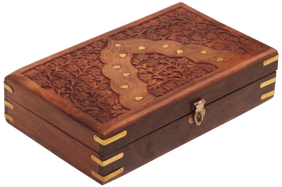 Wholesale 9.7 x 5.8” Rectangular Wooden Jewelry Box - Handmade Trinket Box in Dark Brown Wood - Decorated with Floral Carving & Brass Inlay Work - Bulk Buy Ethnic-look Keepsake Boxes From India