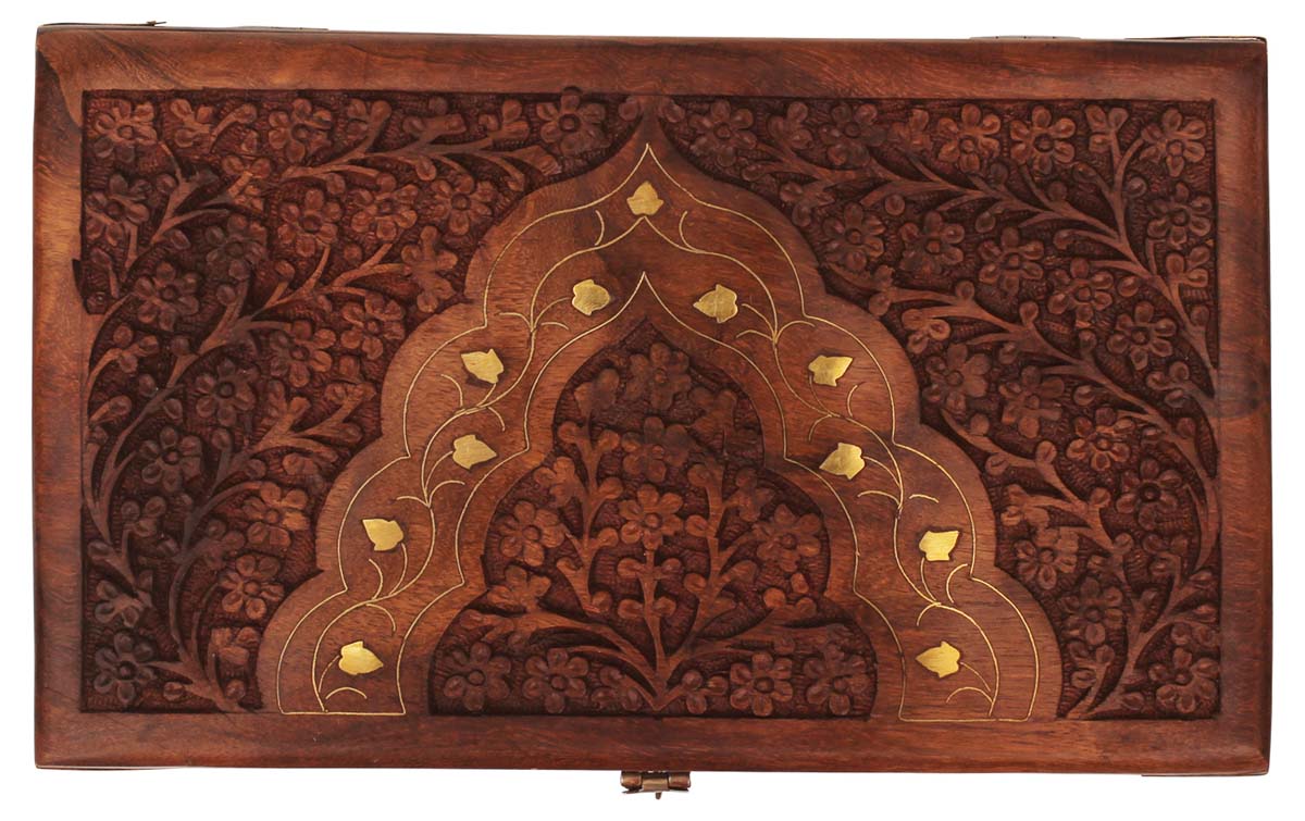 Wholesale 9.7 x 5.8” Rectangular Wooden Jewelry Box - Handmade Trinket Box in Dark Brown Wood - Decorated with Floral Carving & Brass Inlay Work - Bulk Buy Ethnic-look Keepsake Boxes From India