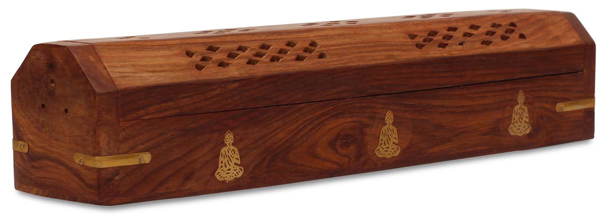 Bulk Wholesale Buddha Incense Burner Box in Wood – 12” Hand-Carved Incense Holder Box with Jaali Work and Brass Inlay – Antique-Look Home Essentials