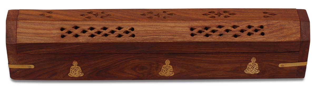 Bulk Wholesale Buddha Incense Burner Box in Wood – 12” Hand-Carved Incense Holder Box with Jaali Work and Brass Inlay – Antique-Look Home Essentials