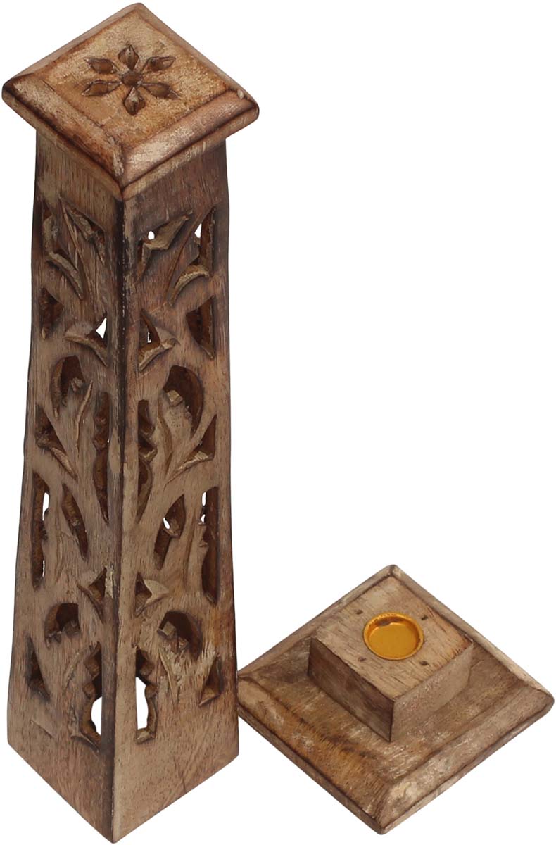 Bulk Wholesale Incense Burner Tower in Wood – Hand-Carved 12.1” Ash Catcher for Incense Cone and Sticks – Home Essentials with Lattice Carving from India