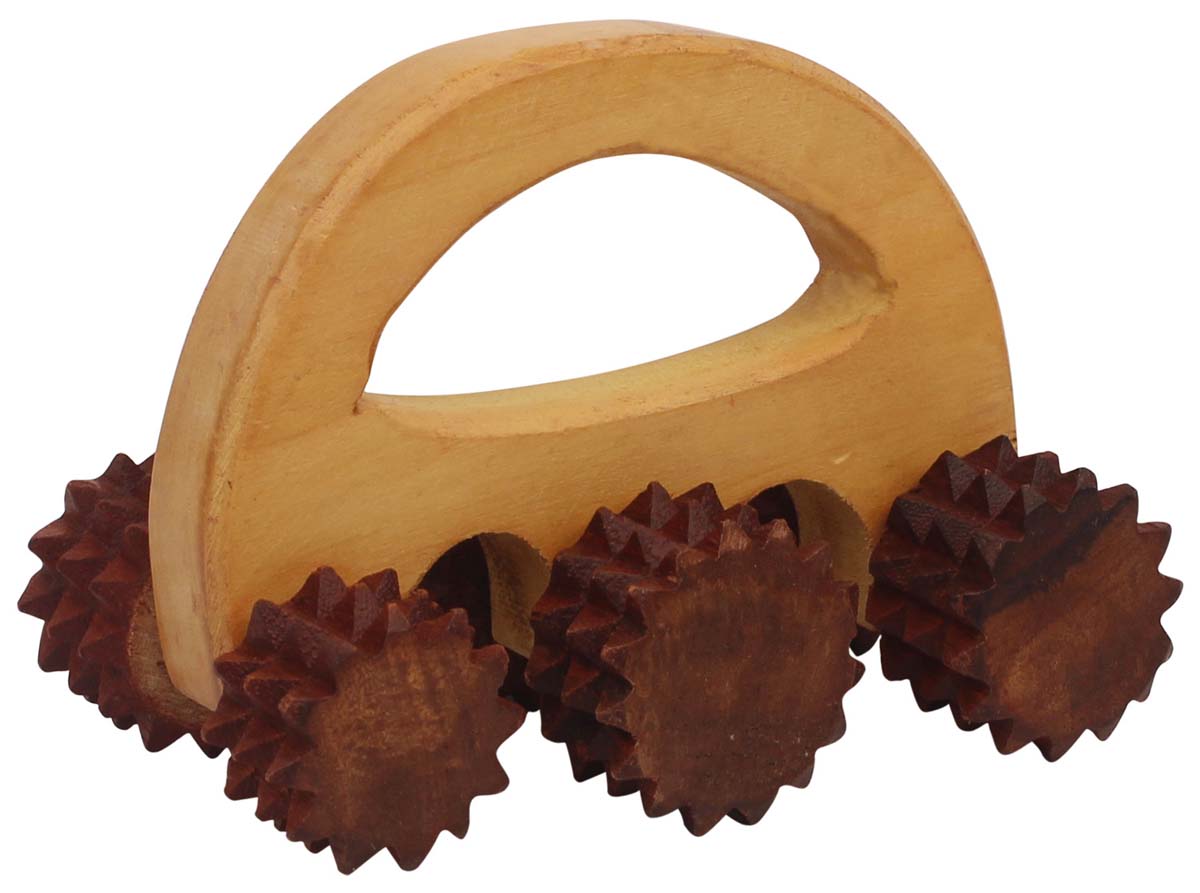 Bulk Wholesale Massage Roller in Wood – Hand-Carved 4.3” Massager with 6 Wheels for Back, Spine & Legs – Relaxing Massaging Tools from India