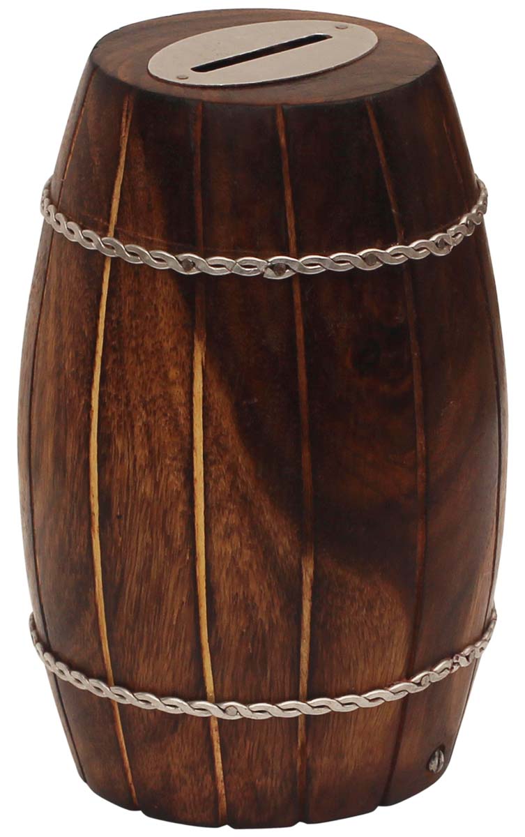 Wholesale Wood 6.3” Piggy/Money Bank - Rustic-Look Barrel Shaped Brown Coin Bank Decorated with Iron Chains - Kids Nursery/Home Decor Gifts from India
