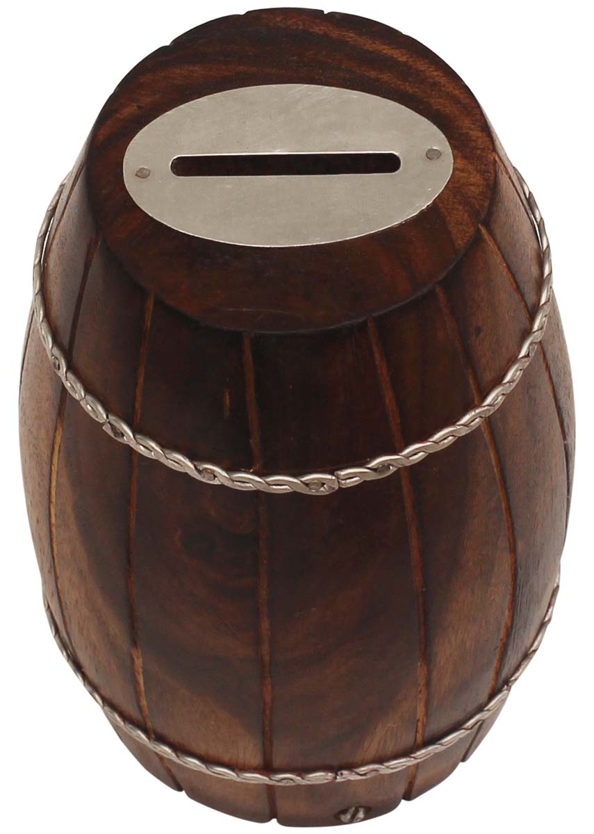 Wholesale Wood 6.3” Piggy/Money Bank - Rustic-Look Barrel Shaped Brown Coin Bank Decorated with Iron Chains - Kids Nursery/Home Decor Gifts from India