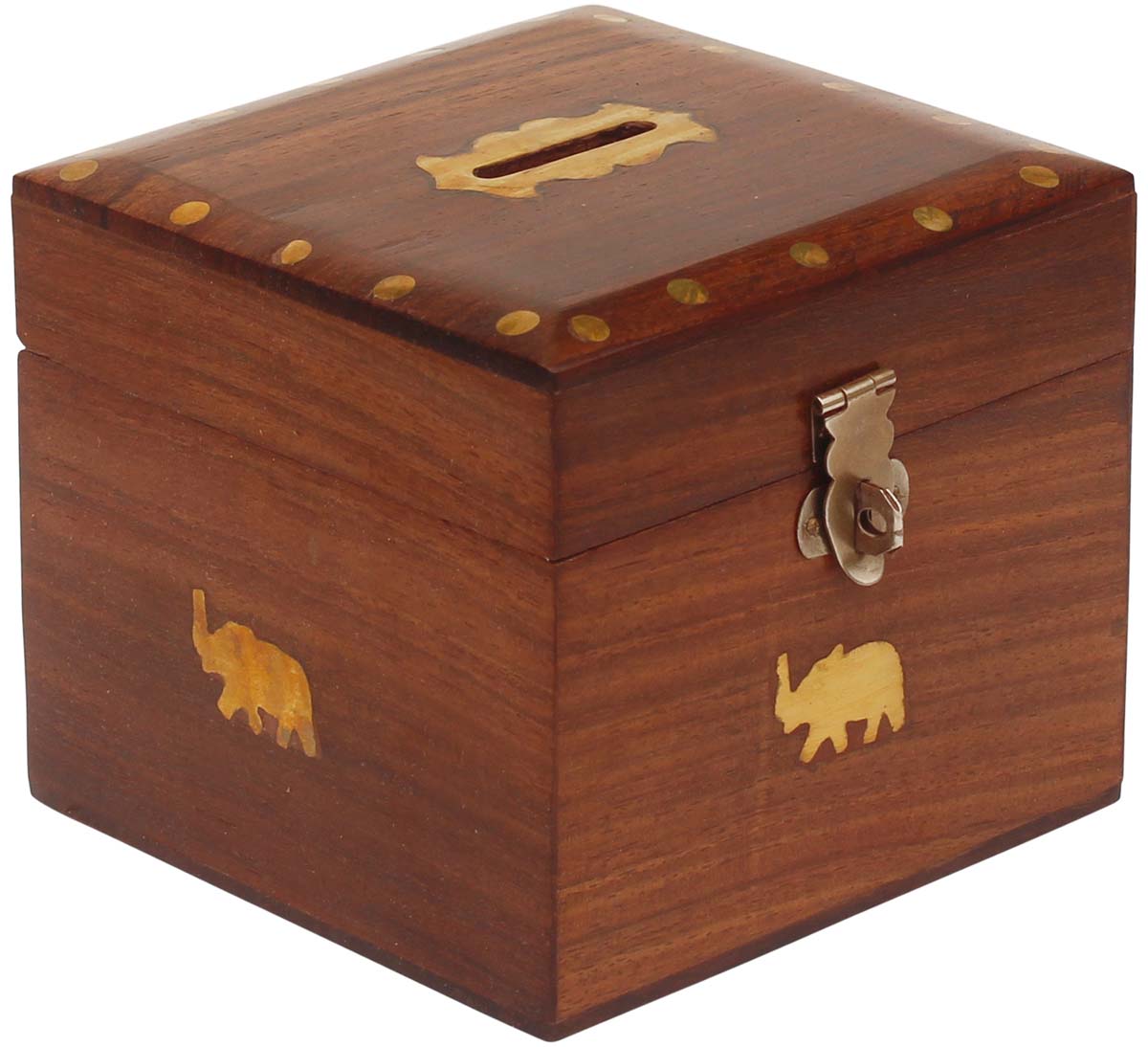Bulk Wholesale Cubical Money Bank in Wood – Hand-Carved 4.4” Piggy Bank with Elephant Motifs in Brass Inlay Work – Antique-Look Money Saver Box with Metal Lock