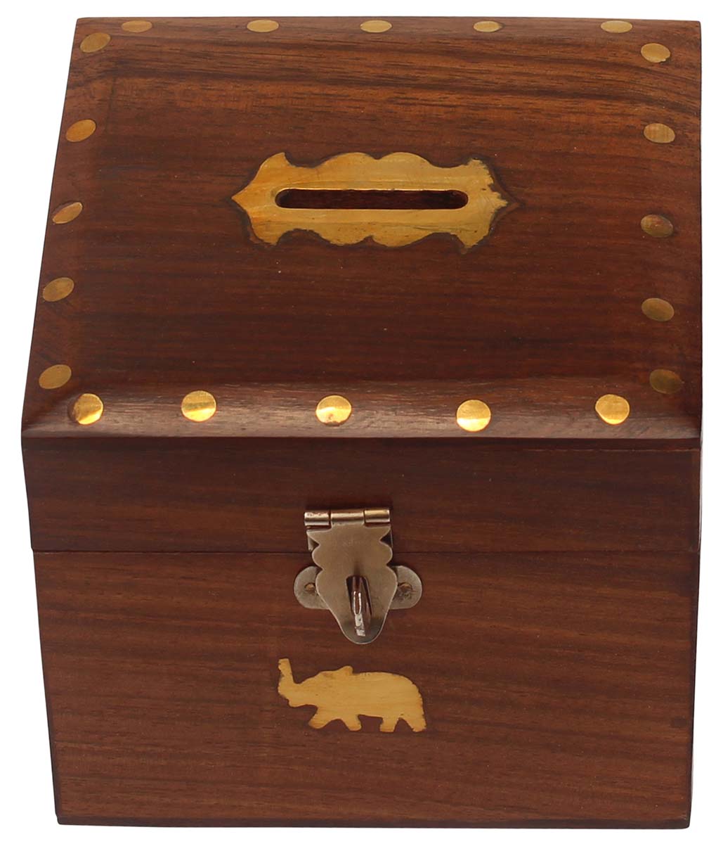 Bulk Wholesale Cubical Money Bank in Wood – Hand-Carved 4.4” Piggy Bank with Elephant Motifs in Brass Inlay Work – Antique-Look Money Saver Box with Metal Lock