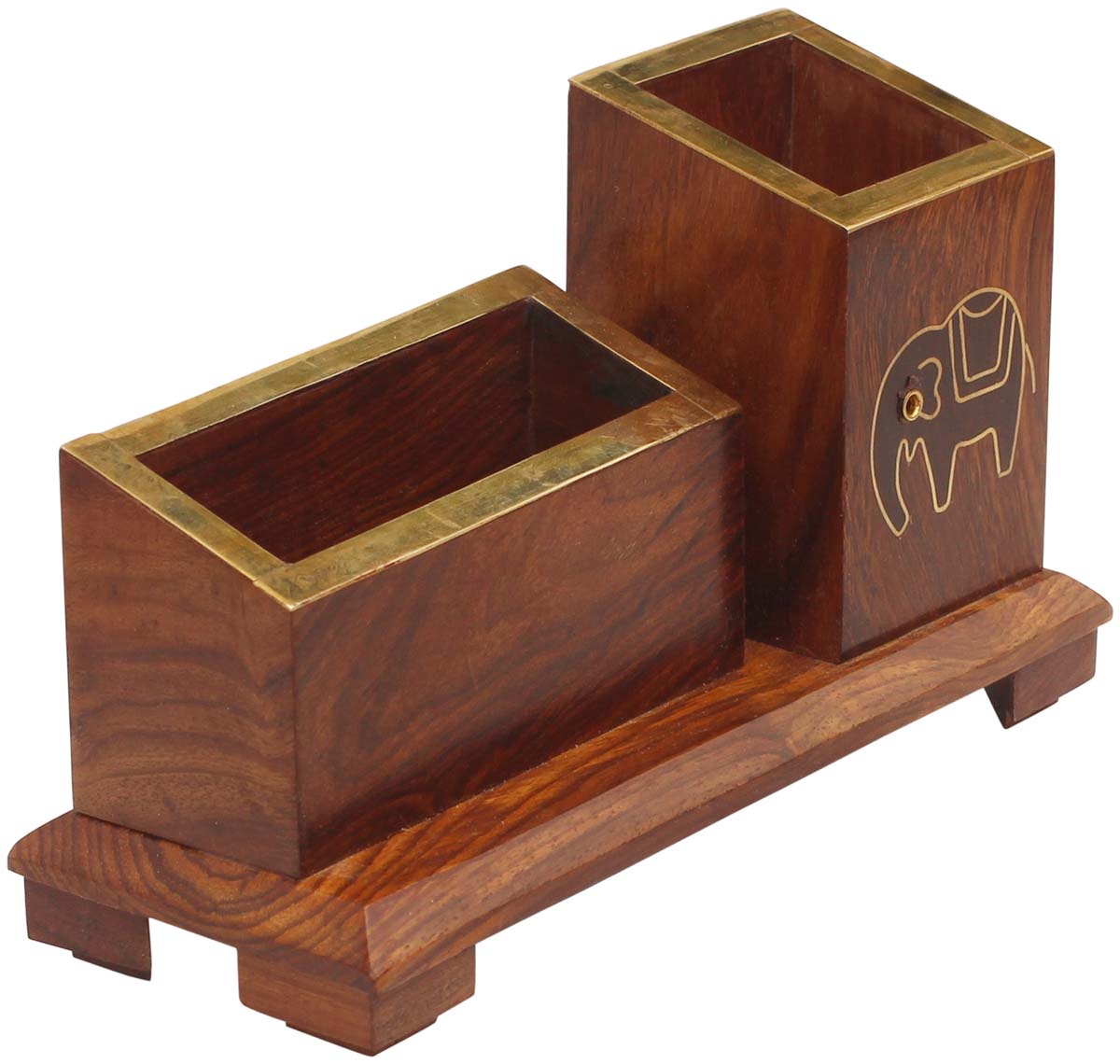 Bulk Wholesale Pen-Stand and Business Card-Holder in Wood - Hand-Carved 6.7” Desk Organizer with Elephant Motif in Brass - Antique-Look Desk Organizers from India