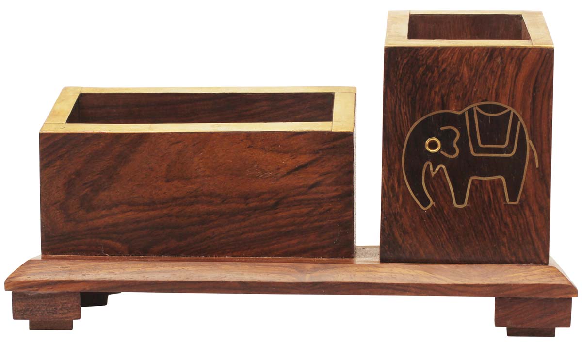Bulk Wholesale Pen-Stand and Business Card-Holder in Wood - Hand-Carved 6.7” Desk Organizer with Elephant Motif in Brass - Antique-Look Desk Organizers from India