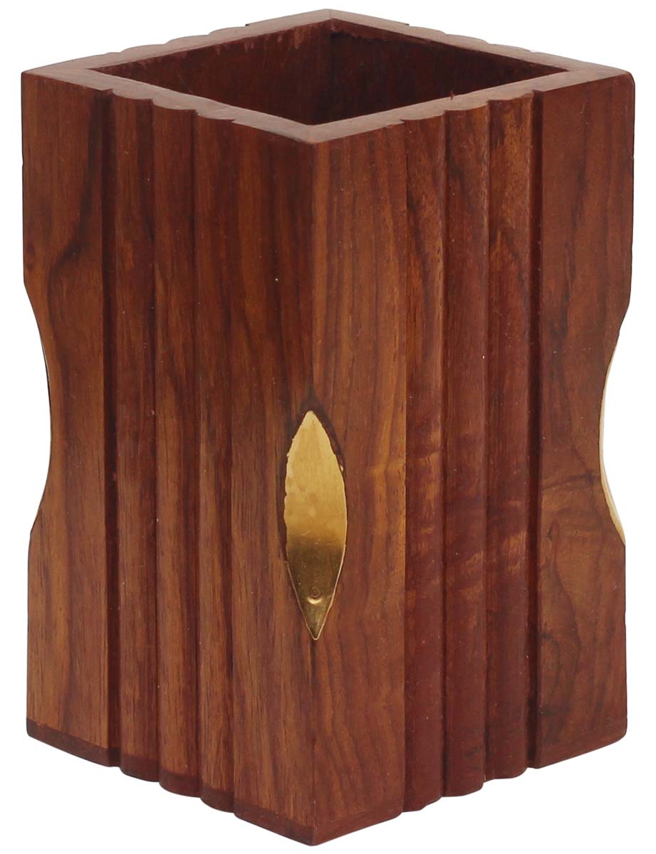 Bulk Wholesale Pen-Stand in Wood - Hand-Carved 4” Desk Organizer with Brass Inlay Work - Decorative Antique-Look Desk Organizers from India
