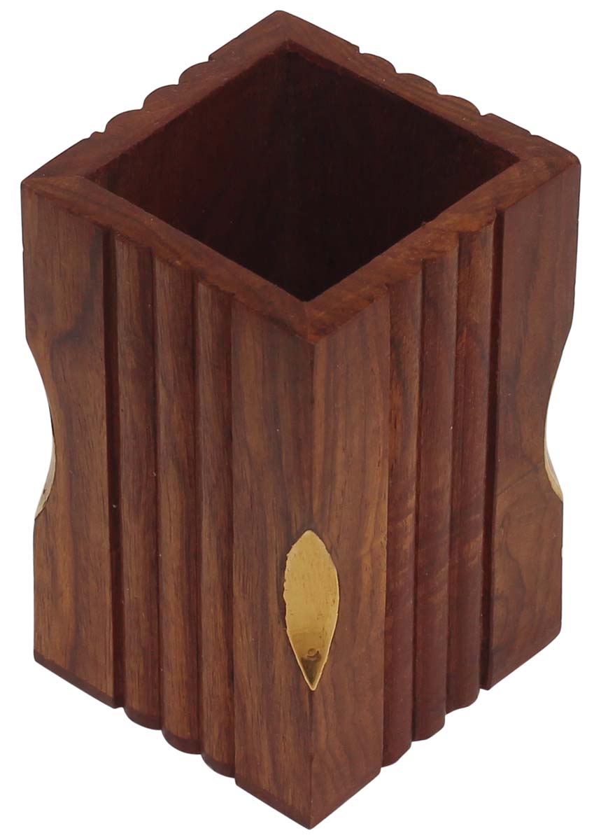 Bulk Wholesale Pen-Stand in Wood - Hand-Carved 4” Desk Organizer with Brass Inlay Work - Decorative Antique-Look Desk Organizers from India