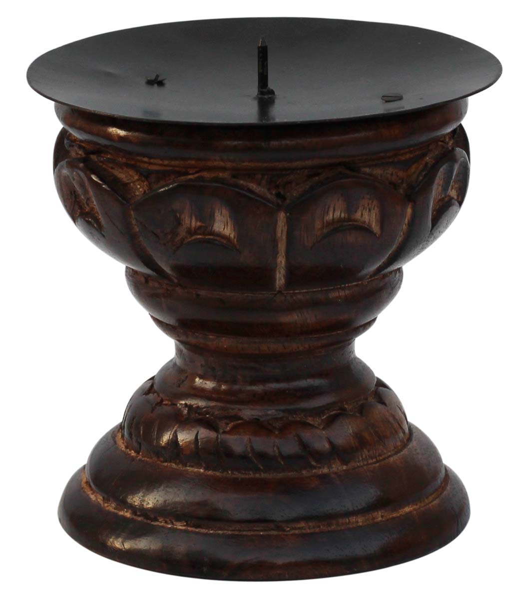 Bulk Wholesale Candle Holder in Wood – Hand-Carved 4.1” Tea-Light Stand in Pillar Shape – Antique-Look Home Décor from India
