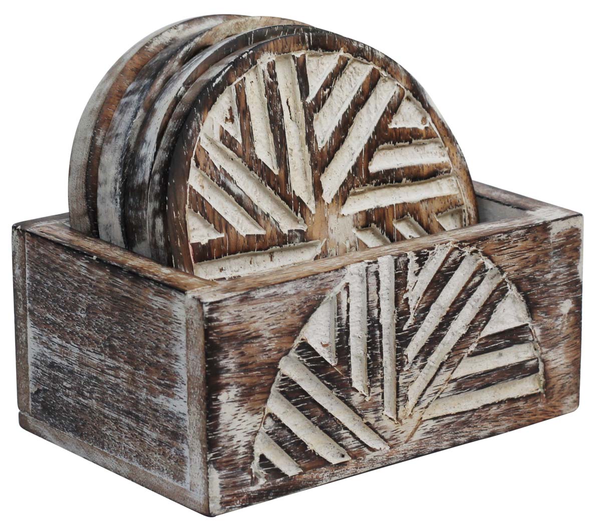 Wholesale 4" Wooden Coasters with Holder – Set of 4 – Abstract Hand-Carving in Shabby Chic – Distressed-Look Dining Table Essentials / Kitchen Accessories