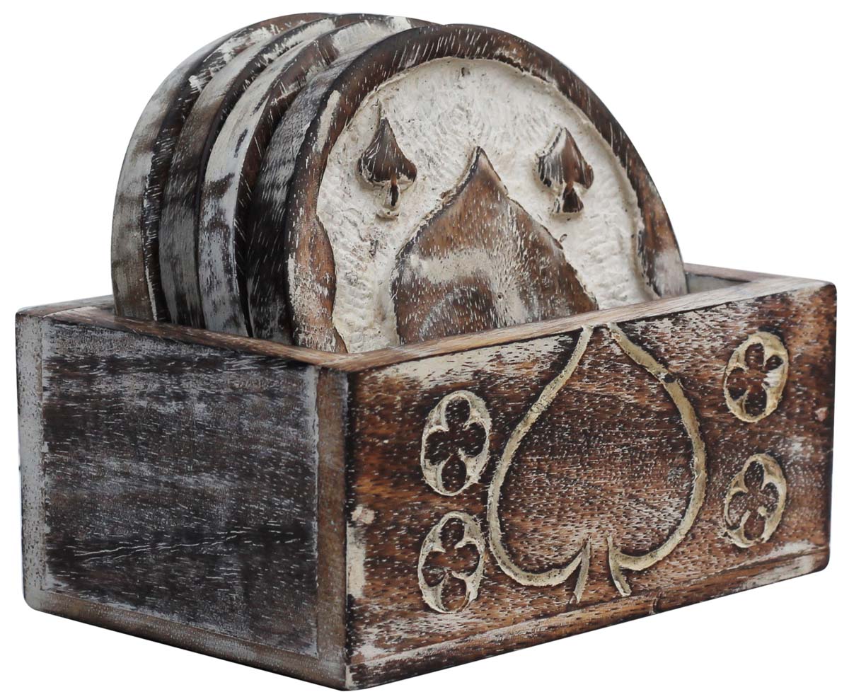 Wholesale 4" Wooden Shabby Chic Coasters with Holder – Set of 4 with Hand-Carved Spades’ Motifs  – Bulk Dining Table Essentials / Kitchen Accessories