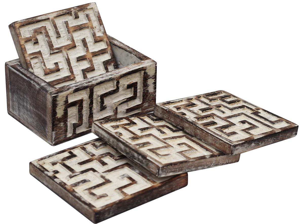 4" Wooden Maze Coasters with Holder – Set of 4 – Hand-Carved in Shabby-Chic – Distressed-Look Dining Table Essentials / Kitchen Accessories