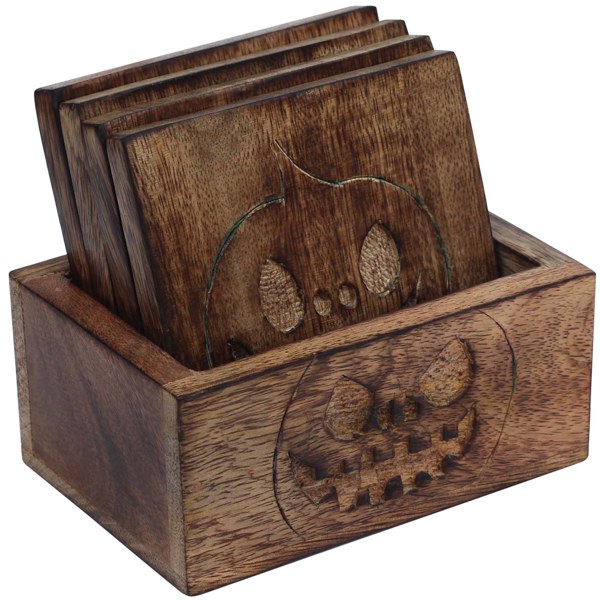 4" Wooden Coasters with Holder – Set of 4 – Hand-Carved Laughing Pumpkin Motifs –Interesting Dining-Table Essentials
