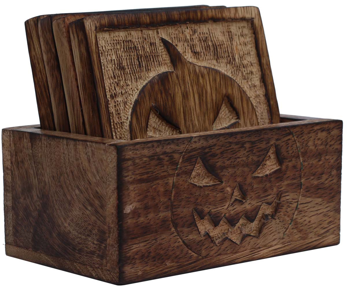 4" Wooden Coasters with Holder – Set of 4 – Hand-Carved Wicked Pumpkin Motifs –Interesting Dining Table Essentials
