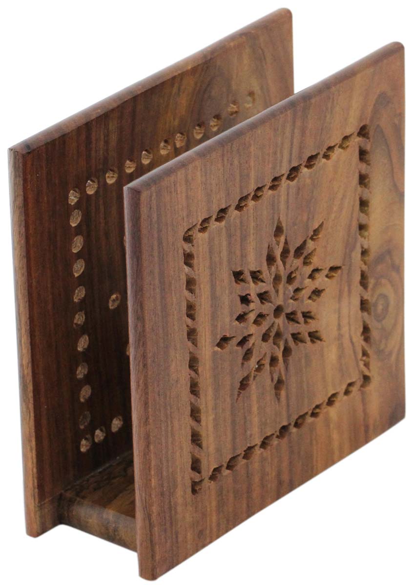 Bulk Wholesale Napkin Holder with Perforated Floral Pattern - 4.7” Hand-Carved Tissue/Mail Holder/Letter Organizer in Wood - Kitchen/Dinning Accessories from India
