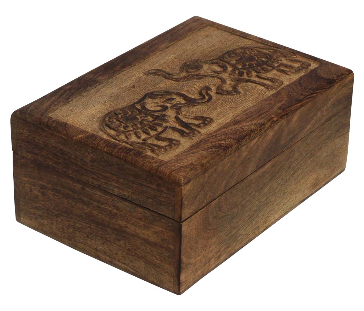 Wholesale 10x7” Wooden Jewelry Box in Bulk - Source Handmade Wood Jewelry Box/Trinket Box with Carving of Elephants at the Top from India