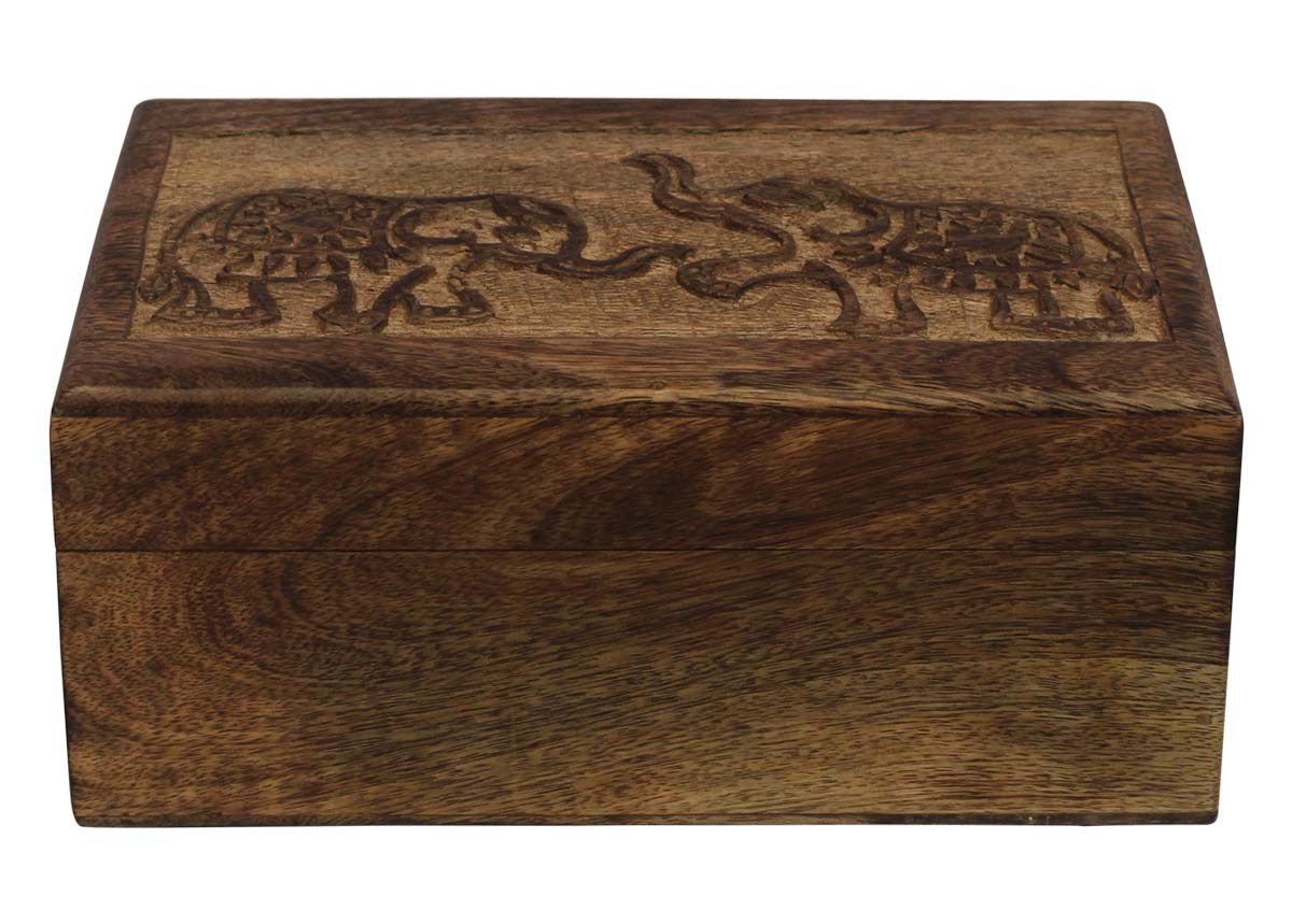 Wholesale 10x7” Wooden Jewelry Box in Bulk - Source Handmade Wood Jewelry Box/Trinket Box with Carving of Elephants at the Top from India