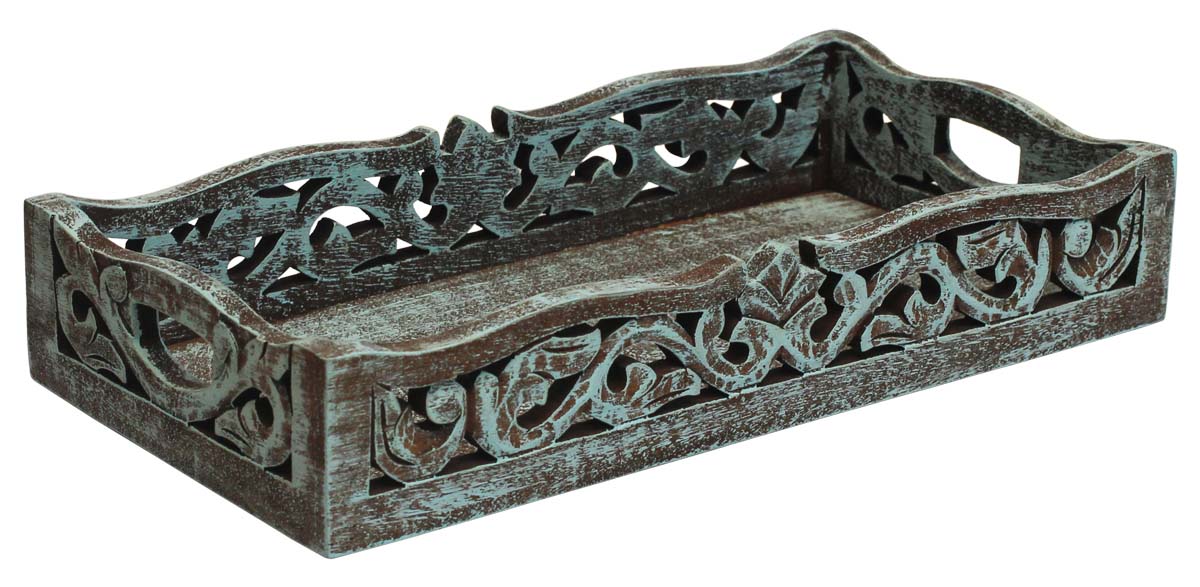 Bulk Wholesale Wood Serving Tray with Handmade 14” Intricate Carving in Pastel-Blue Color - Distressed-Look Home Decor/Kitchen Essentials from India