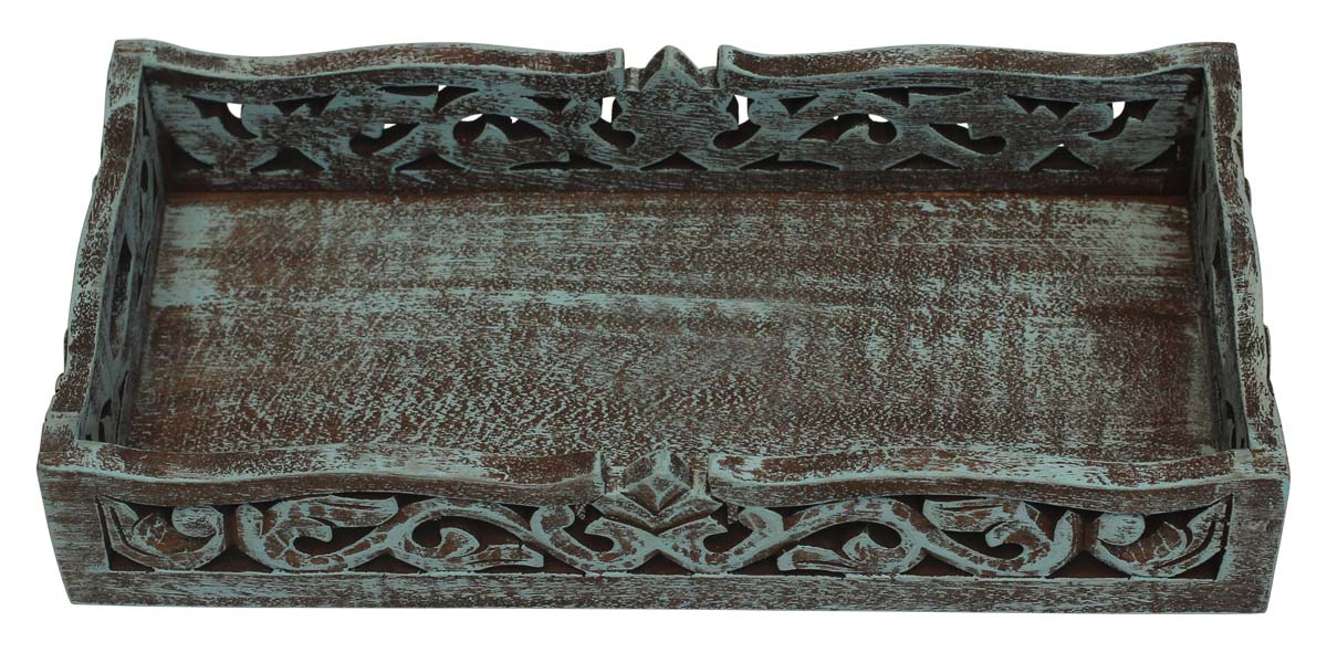 Bulk Wholesale Wood Serving Tray with Handmade 14” Intricate Carving in Pastel-Blue Color - Distressed-Look Home Decor/Kitchen Essentials from India