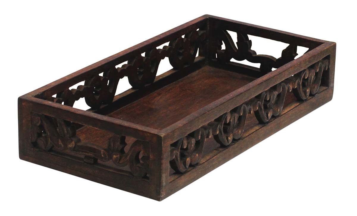 Bulk Wholesale Wood Serving Tray with Handmade 14” Intricate Carving in Natural-Brown Color - Antique-Look Home Decor/Kitchen Essentials from India