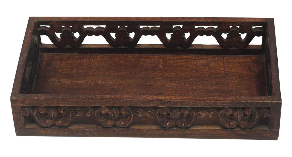 Bulk Wholesale Wood Serving Tray with Handmade 14” Intricate Carving in Natural-Brown Color - Antique-Look Home Decor/Kitchen Essentials from India