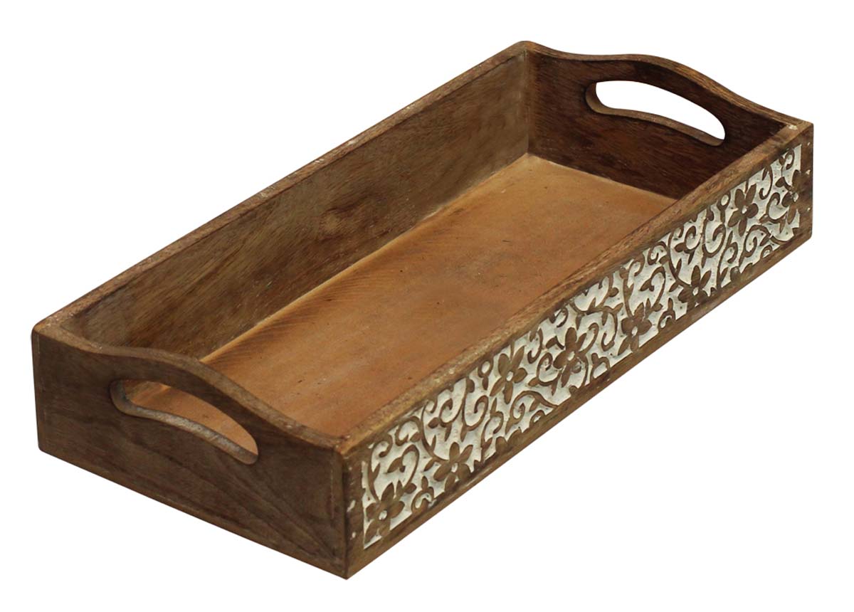 Bulk Wholesale Serving Tray with Handles Handmade 14” Wood Intricate Carving in Natural-Brown Color Decorated with White Color - Antique-Look Home Decor/Kitchen Essentials from India