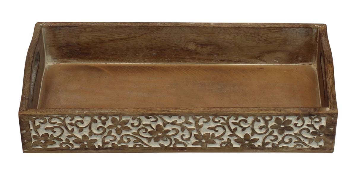 Bulk Wholesale Serving Tray with Handles Handmade 14” Wood Intricate Carving in Natural-Brown Color Decorated with White Color - Antique-Look Home Decor/Kitchen Essentials from India