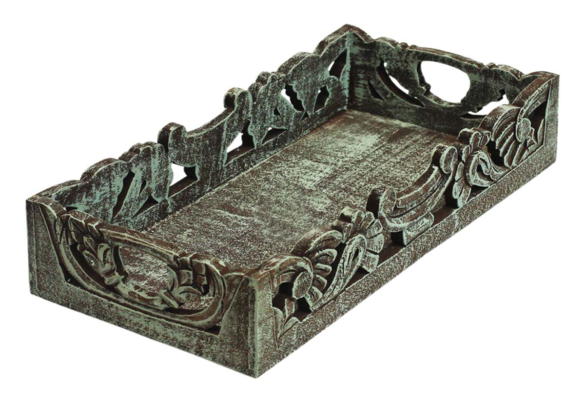 Bulk Wholesale Serving Tray with Handmade 14” Wood Intricate Carving in Pastel-Blue Color - Distressed-Look Home Decor/Kitchen Essentials from India