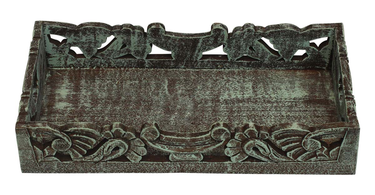Bulk Wholesale Serving Tray with Handmade 14” Wood Intricate Carving in Pastel-Blue Color - Distressed-Look Home Decor/Kitchen Essentials from India