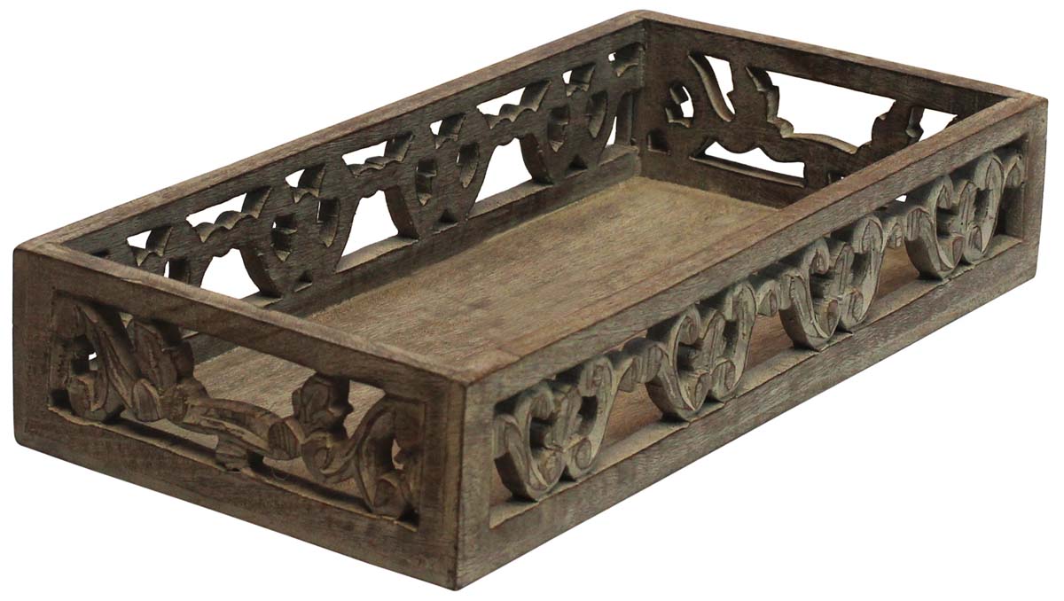 Bulk Wholesale Handmade 14” Wood Serving Tray with Intricate Carving in Distressed Grey Color - Antique-Look Home Decor/Kitchen Essentials from India