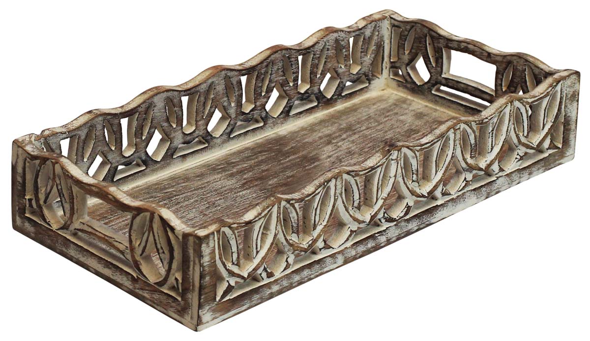 Bulk Wholesale Handmade 14” Wood Serving Tray with Intricate Carving in Distressed Off-White & Brown Color – Antique-Look Home Décor / Kitchen Essentials from India