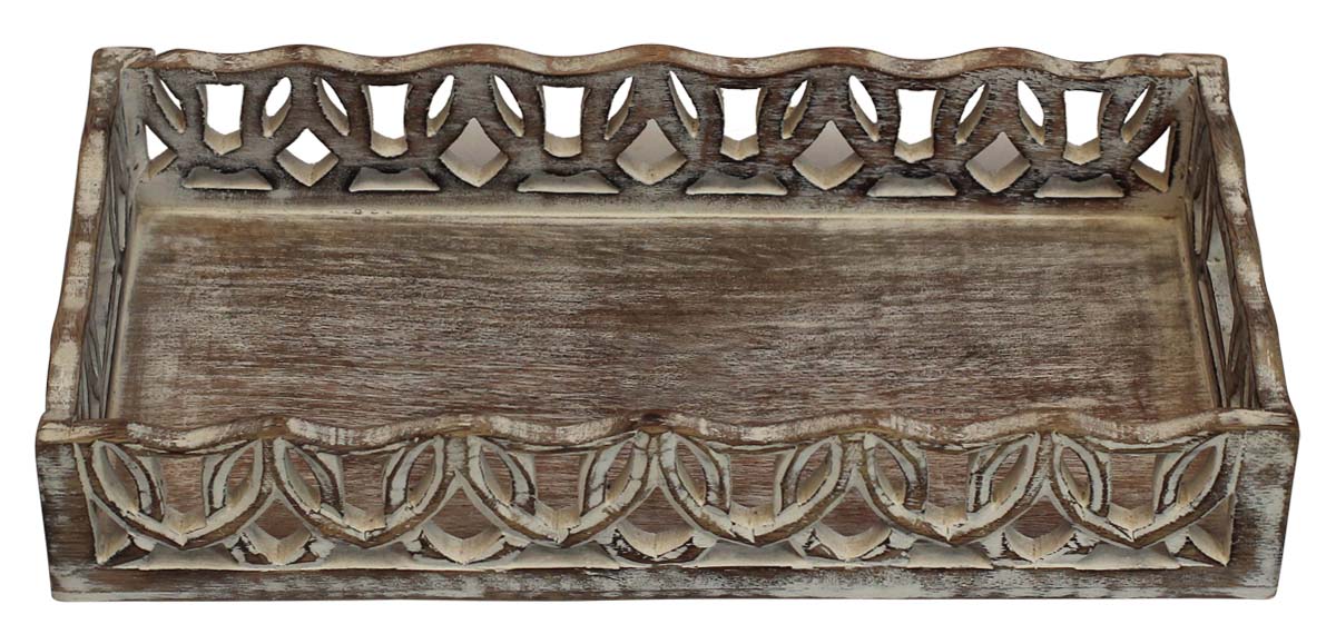 Bulk Wholesale Handmade 14” Wood Serving Tray with Intricate Carving in Distressed Off-White & Brown Color – Antique-Look Home Décor / Kitchen Essentials from India
