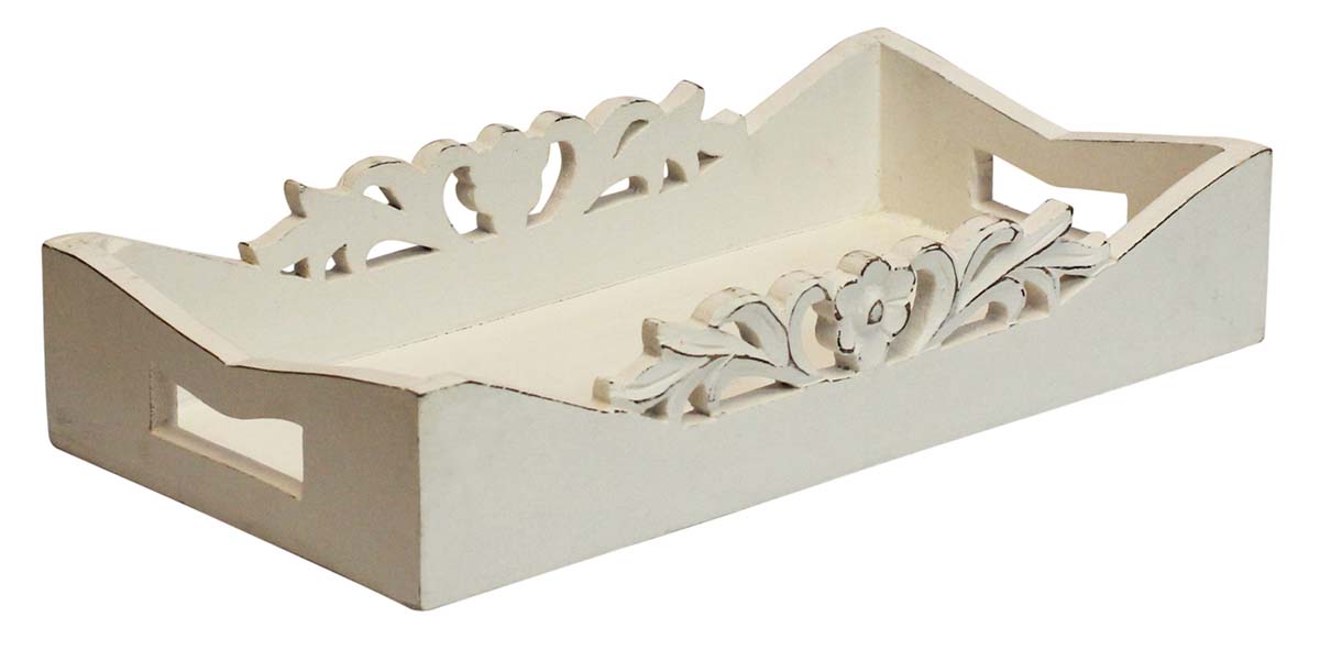 Bulk Wholesale Serving Tray with Intricate Floral Carving in Distressed White Color Handmade 14” Wood - Antique-Look Home Decor/Kitchen Essentials from India