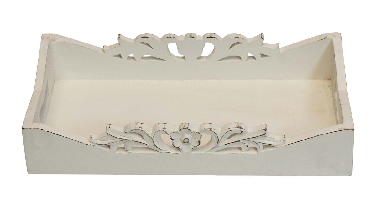 Bulk Wholesale Serving Tray with Intricate Floral Carving in Distressed White Color Handmade 14” Wood - Antique-Look Home Decor/Kitchen Essentials from India