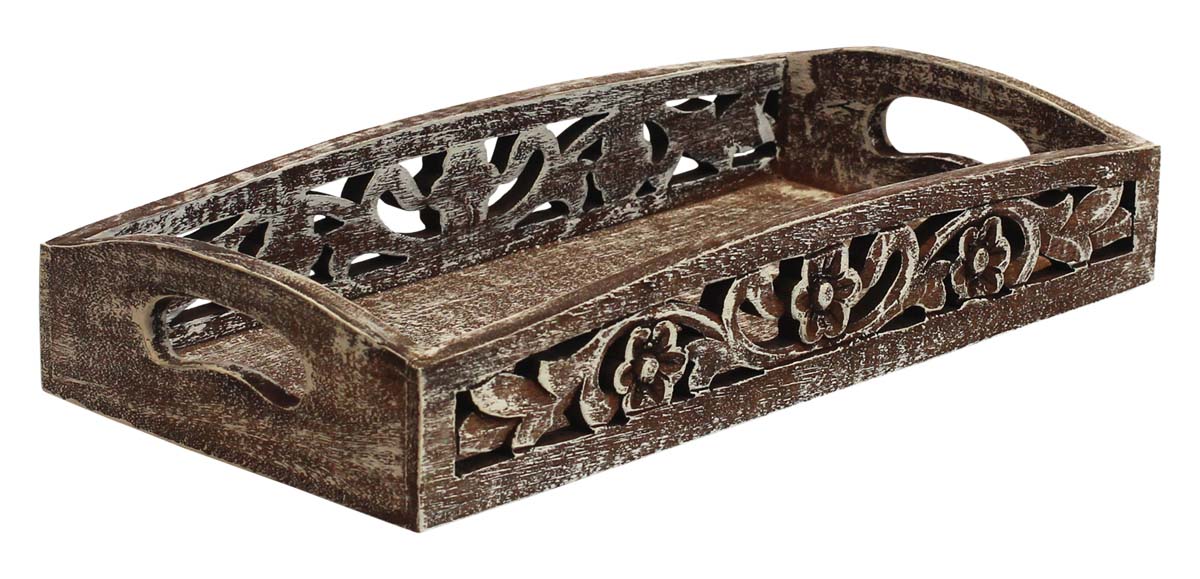 Bulk Wholesale 14” Rectangular Wooden Tray - Hand carved Open Work Floral Motif Open-Work Art - Wood - Rustic Look Whitewashed Distressed Finish - Catchall Tray/Table Top Accessories